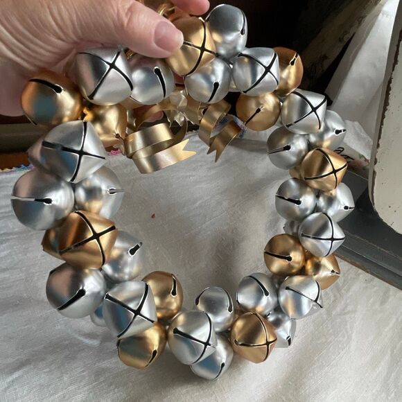 Silver & Gold jingle bells wreath hanging cord Holly decor - Picture 5 of 9
